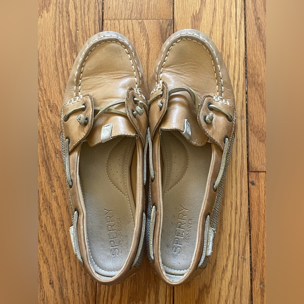 Women's Sperry Top-Sider Tan Beige Leather Boat Shoes Slip Ons Size 8.5 STS98964 - Picture 3 of 5